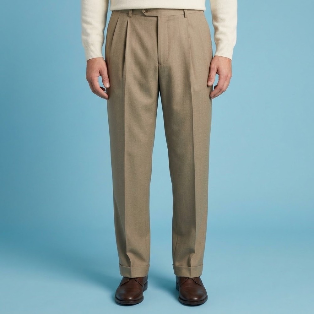 Pronto Uomo Dress Pants Men's 35W Tan 100% Wool Pleated Cuffed Hem